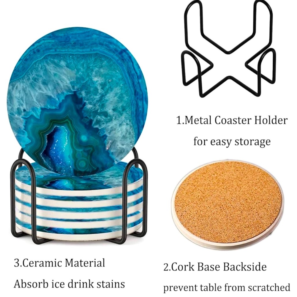 New Ceramic 6 Pc Coaster Set in Metal Rack Look like marble-Blue and White